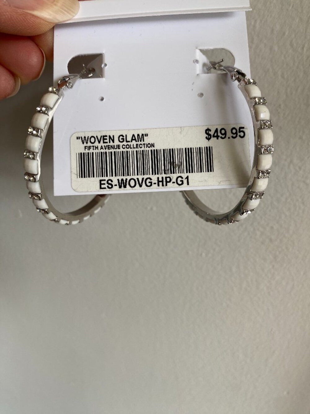Fifth Avenue Ivory Enamel Swarovski Crystal Hoop Earrings Sterling Silver Post - Picture 5 of 7